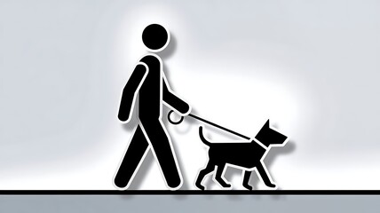 The image features a minimalist, black silhouette icon of a person walking a dog, with a stick figure and a dog in profile. The clean lines convey the universally recognizable concept of dog walking.