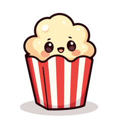 Happy kawaii popcorn character in striped cup, playful aesthetic
