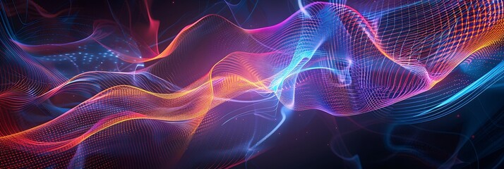 Fototapeta premium Abstract background featuring flowing, intertwined waves of neon light in vibrant purple, blue, and orange hues against a dark backdrop. Energetic digital art concept.