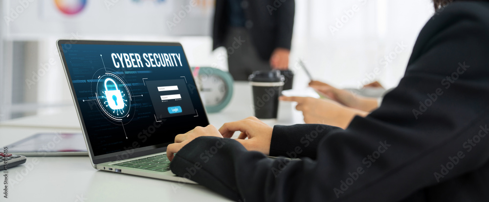 Aufkleber cyber security system on computer screen protect private information snugly from hacker and cyber at