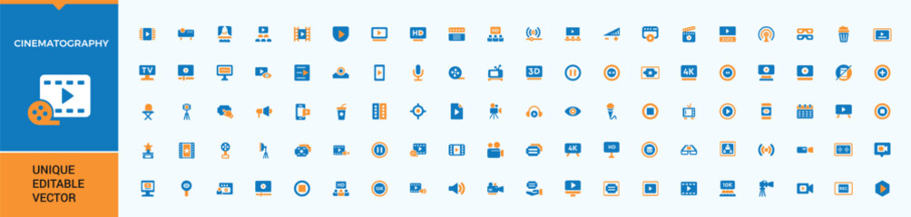 Cinema colorful filled icon collection. Containing play, camera, screen, film, ticket, theater and more. Isolated icons. Cinematography icon set. Editable stroke vector art.