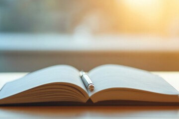 Naklejka premium open notebook with pen resting on its pages on wooden table bathed in warm sunlight background blurred hinting at cozy
