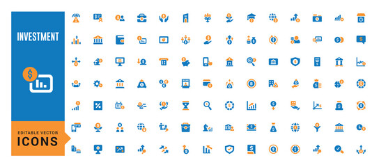 Investment colorful icon set in filled style. Related to economy, financial, income, fund, profit, invest and more. Sign and Symbol. Account icon collection. Vector illustration.