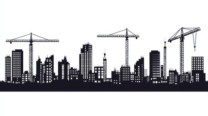Fototapeta premium Cityscape under construction, cranes, silhouettes, urban development, horizontal image