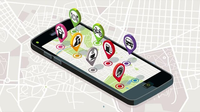 GPS. Animated sequence of location icons of different service icons appearing on a smartphone map. 2D animation