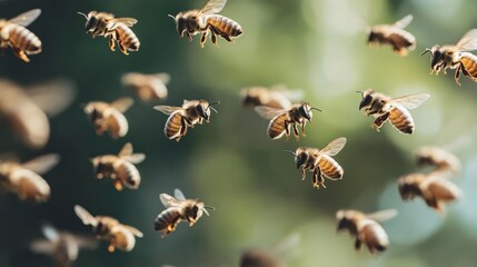 Honey bees are flying and working in harmony in a beautiful natural environment