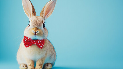 Obraz premium Cute Bunny Wearing Red Polka Dot Bow Tie on Blue Background