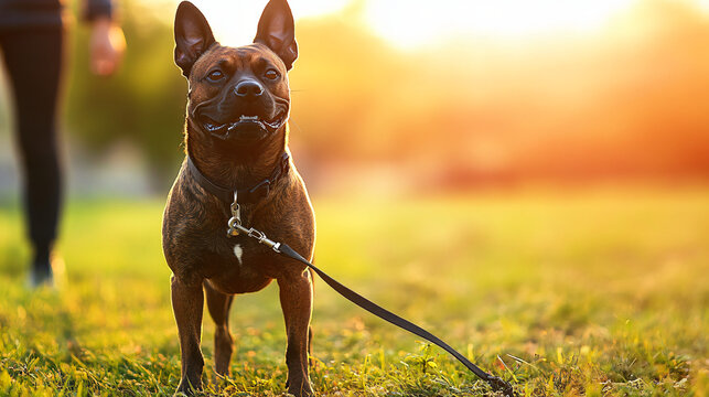 Dog safety workshop outdoors with a leashed dog emphasizing importance of safety practices in natural lighting for responsible pet ownership.