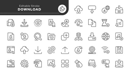 Download line icon set. Upload, arrow down, file, data, cloud and more. Outline vector icon in linear style. Pictogram collection	