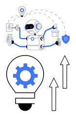 Humanoid robot multitasking with tools and symbols, light bulb with gear, and upward arrows. Ideal for technology, innovation, AI, creativity, progress automation business improvement. Flat simple