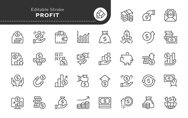 Profit line icon set. Money income, money savings, earnings, money, cash, investment, financial growth and more. Outline vector icon in linear style. Pictogram collection