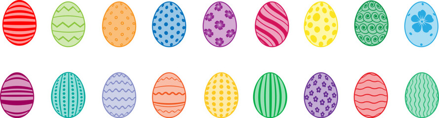 Cartoon colorful Easter eggs vector set . Collection of Easter eggs simple  icons. Painted icons of eggs with ornament in flat design .