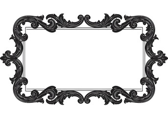 A decorative black border features elegant swirls and floral motifs framing a rectangular space on a white background