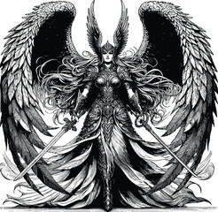 Girl with sword vector black silhouette print design