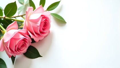 Fototapeta premium Soft pink roses with green leaves arranged on a clean white background
