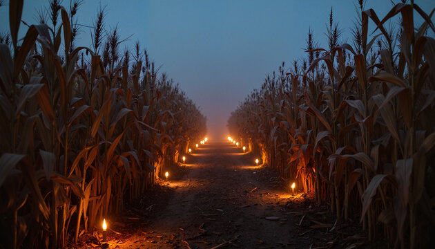 Mysterious spooky path in corn maze with flickering lights, Halloween vibe