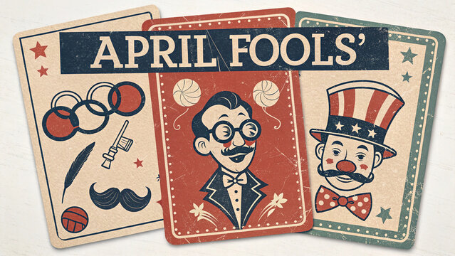 A set of vintage-style April Fools' joke cards with a nostalgic 1950s look. The typography is bold, with hand-drawn elements such as classic prank icons: whoopee cushions, fake mustaches.