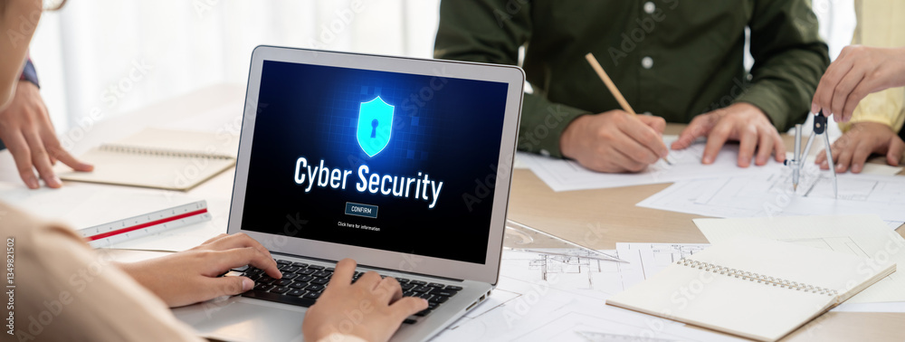 Poster cyber security system on computer screen protect private information brisk from hacker and cyber att