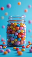 Colorful candy jar filled with assorted sweets on a vibrant blue background