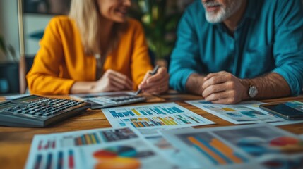 Fototapeta premium Couple reviewing financial documents at home office