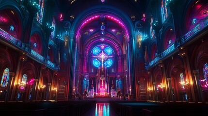 Obraz premium Church interior glows with vibrant neon lighting, reflecting from floor