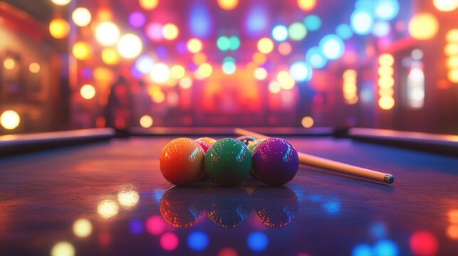 Colorful pool balls on table in nightclub