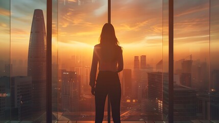 Urban Contemplation at Dusk: A Solitary Gaze Beyond the Gleaming Horizon