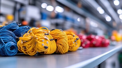 Colorful electrical wires neatly arranged on a surface in a factory setting