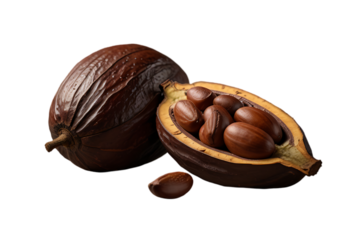 Whole and half cocoa pod with raw beans isolated on transparent background