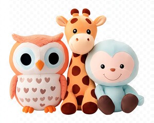 Naklejka premium Cute plush animals owl with giraffe, and monkey.