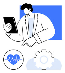 Man holding tablet while pointing, with heart monitor, gear, and cloud symbols. Ideal for healthcare, technology, innovation, diagnostics data analysis medical apps health monitoring. Flat simple