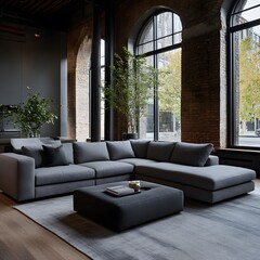 Grey sectional sofa in modern loft, large windows, autumn trees