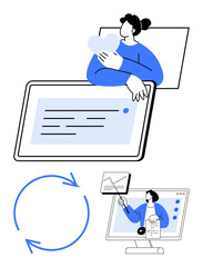 Business professionals managing data on a tablet, discussing charts, embracing collaboration ideas. Ideal for teamwork, data strategy, communication, growth, organization, progress flat simple