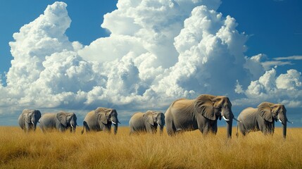 Obraz premium Elephants herd, savanna grassland, dramatic clouds, wildlife safari