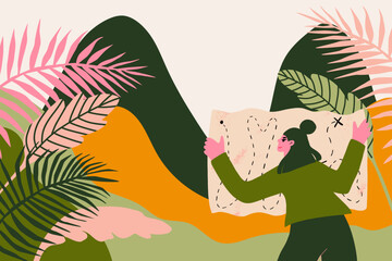 Hiker woman travel on mountains. Concept of hiking, holiday trip and travel. Flat vector illustration