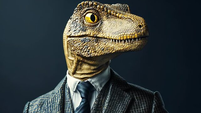 T-rex wearing suit and tie. Dark background with dinosaur with head. A business suit is a great outfit to tie. A tyrannosaurus rex dressed in a suit and necktie lifestyle.
