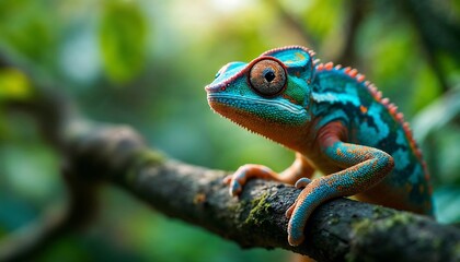Fototapeta premium Vibrant Chameleon on Branch in Lush Green Forest