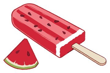 41 Vibrant red popsicle, frozen treat, wooden stick, glossy surface, refreshing dessert, summer snack, photorealistic, high detail, studio lighting, white background, close-up, appetizing, icy texture