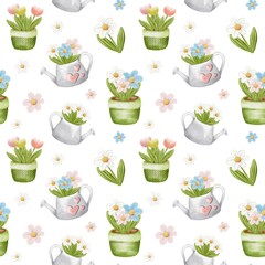 Floral design with soft-colored flowerpots, watering cans, daisies, and tulips