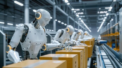 A factory with robots working on a conveyor belt