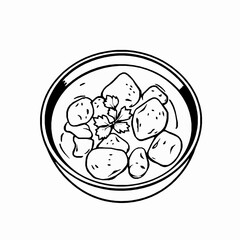 black outline vector of a bowl of Indian butter chicken with chunks of chicken and a creamy tomato-based curry