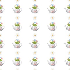 Floral pattern with a watering can, daisies, and tulips for textiles and wrapping