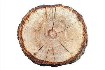 A cross section of a tree trunk showing growth rings and cracks on a white background surface view