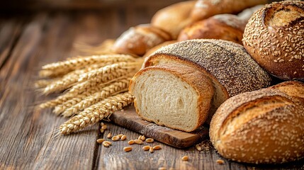 Freshly Baked Bread and Golden Wheat Resting on a Rustic Wooden Surface, Evoking the Warmth of a Traditional Bakery