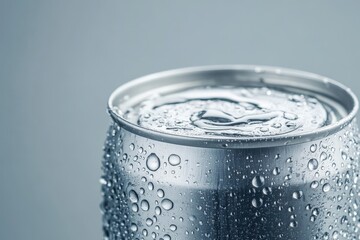 A close up of a cold metal beverage can with condensation