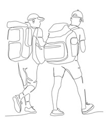 2 men tourists in shorts with full backpacks walking away. Continuous line drawing. Black and white vector illustration in line art style.