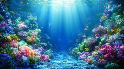 Naklejka premium Colorful coral reef scene with fish swimming, bathed in sunlight underwater