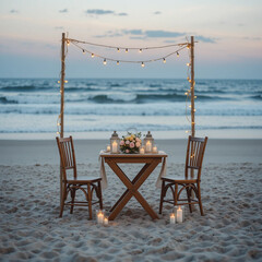 Wedding table setting on the beach at sunset. Wedding decor