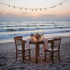 Wedding table setting on the beach at sunset. Wedding decor