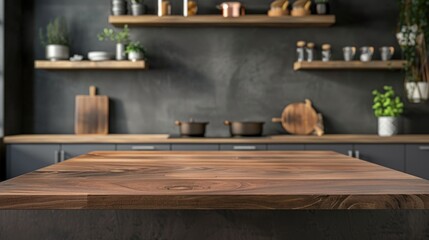 A kitchen with a wooden counter top and shelves